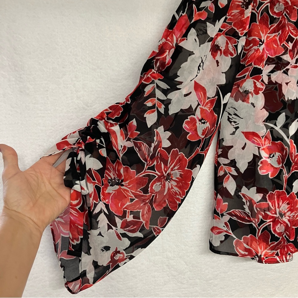 Flirty Black, Red, White Floral Cami with Sheer Overlay, Party, Vacation - 2 - Picture 2 of 5